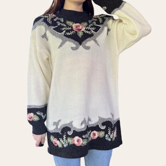 80s vintage Dana Scott long knit floral sweater - Picture 4 of 7